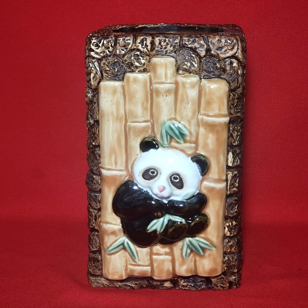 Vintage Panda Bamboo Ceramic Pottery Planter Large Vase